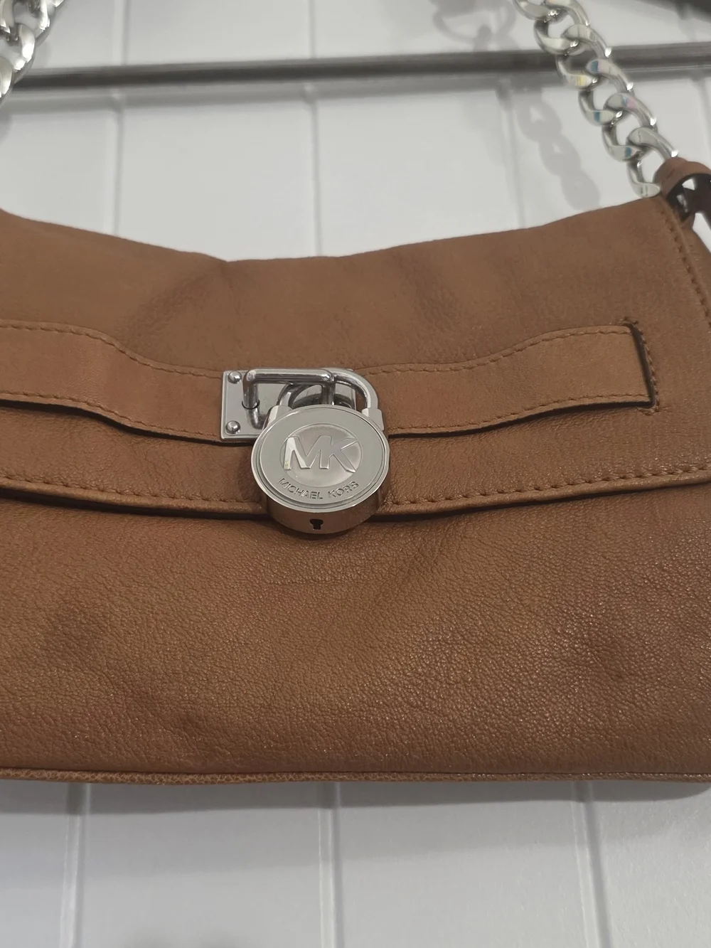 Michael Kors Brown Pebbled Leather Medium Shoulder Bag Chain Strap Padlock Purse